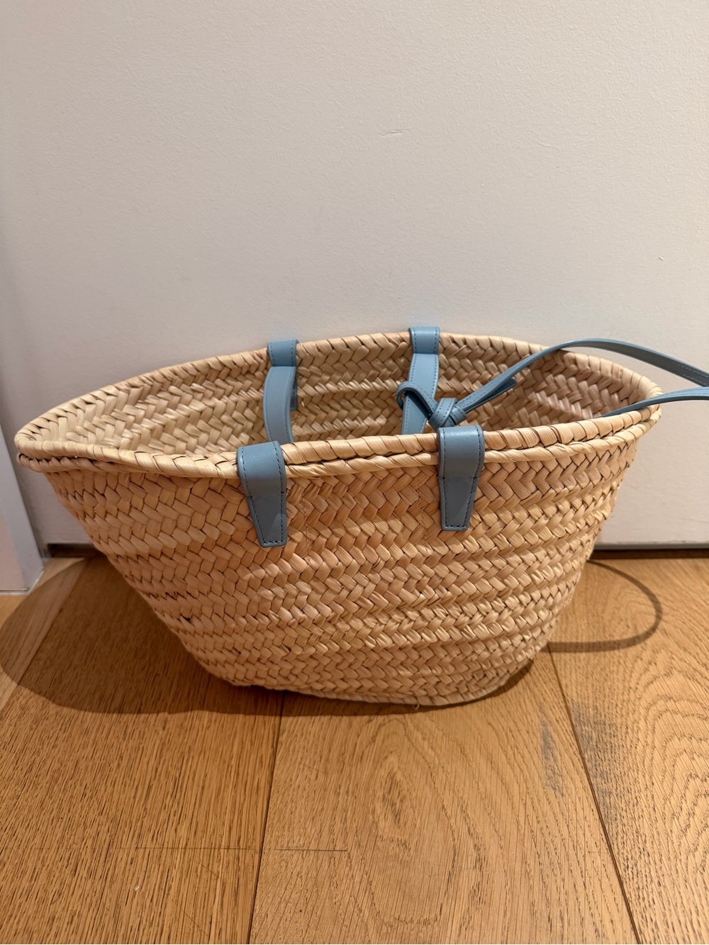 Celine Straw Tote with Light Blue Leather Trim and Logo - Picture 3 of 5